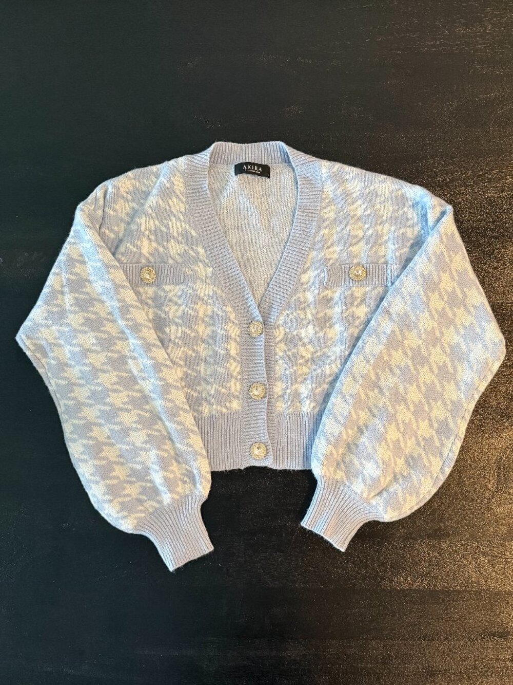 AKIRA Cropped Cardigan Blue Houndstooth Jeweled Buttons Size L
